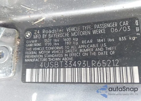 2003 BMW Z4 2.5I из США, поврежденный, VIN 4USBT33493LR65212